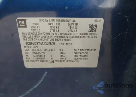 2010 Chevrolet Equinox Lt from USA, damaged, VIN 2CNFLDEY4A6329599